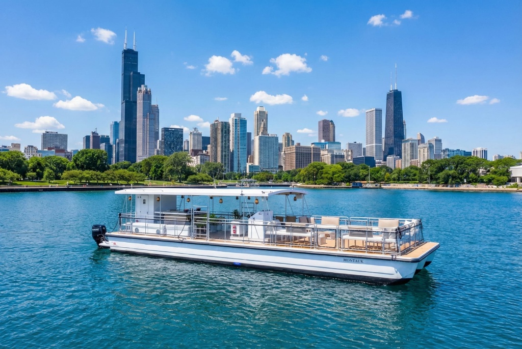 A white boat floats on a blue lake with the Chicago skyline, including the Willis Tower, visible in the background under a clear sky.