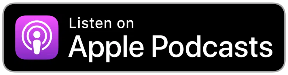 A rectangular button with the text "Listen on Apple Podcasts" and the Apple Podcasts logo. The button background is black, the text is white, and the logo is a stylized purple microphone inside a white circle.