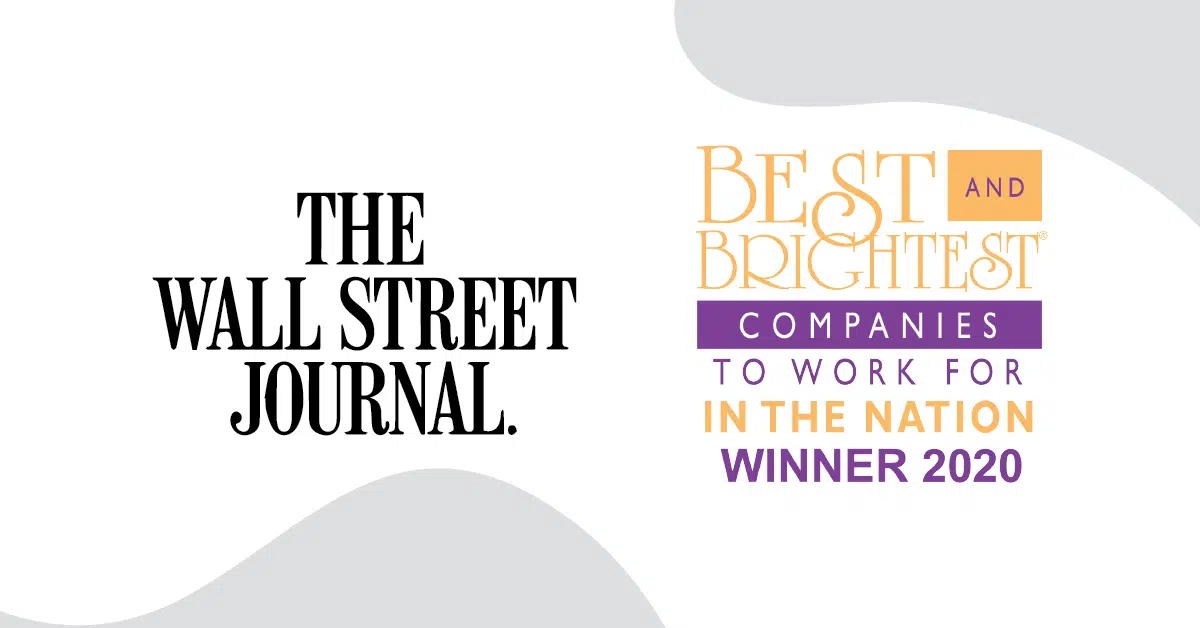 An image featuring the logos of The Wall Street Journal on the left and the "Best and Brightest Companies to Work For in the Nation Winner 2020" award on the right.