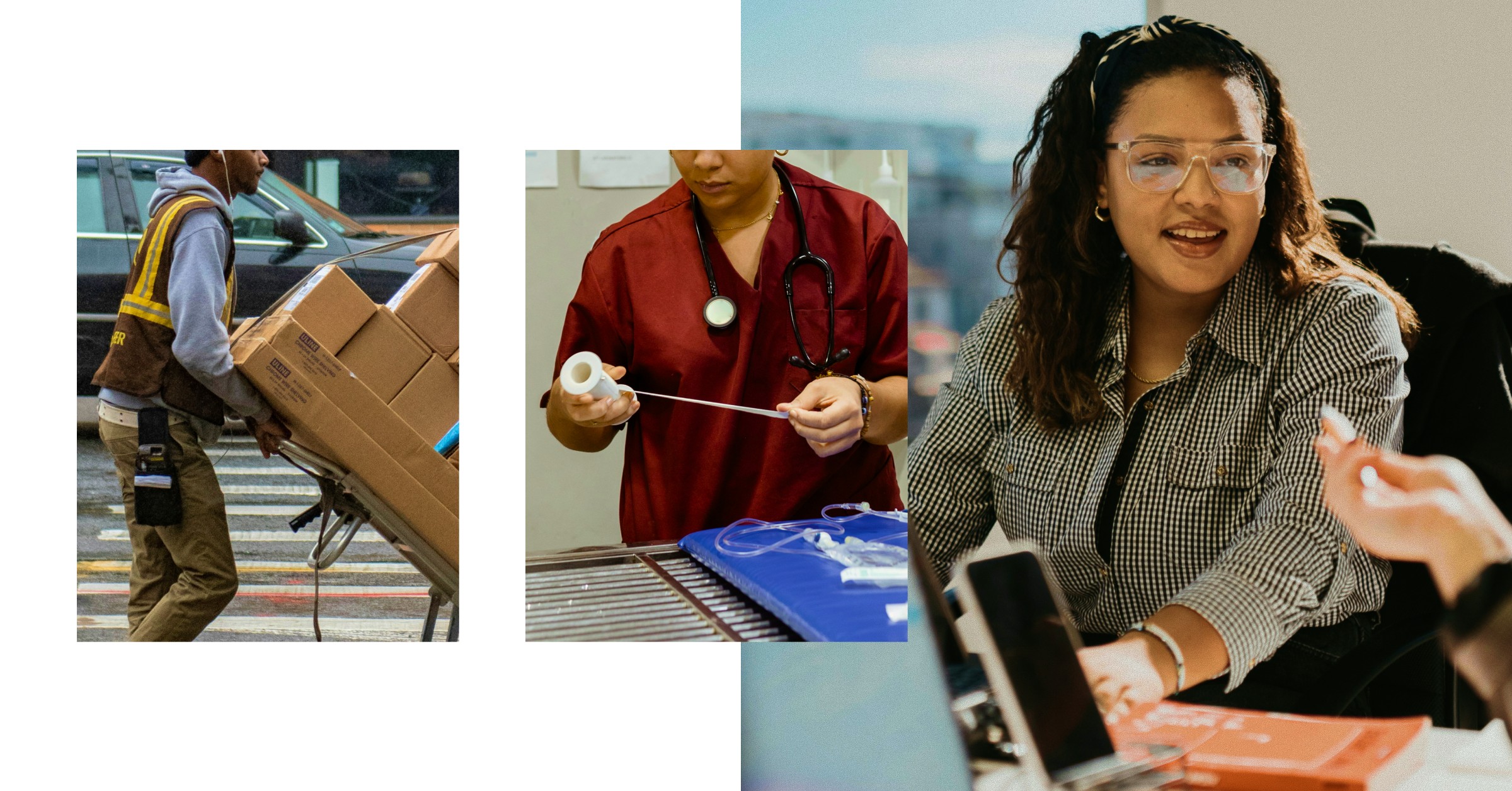 Three images: a person delivering boxes with a dolly, a medical worker handling supplies, and a woman in glasses speaking at a desk with a laptop and phone.