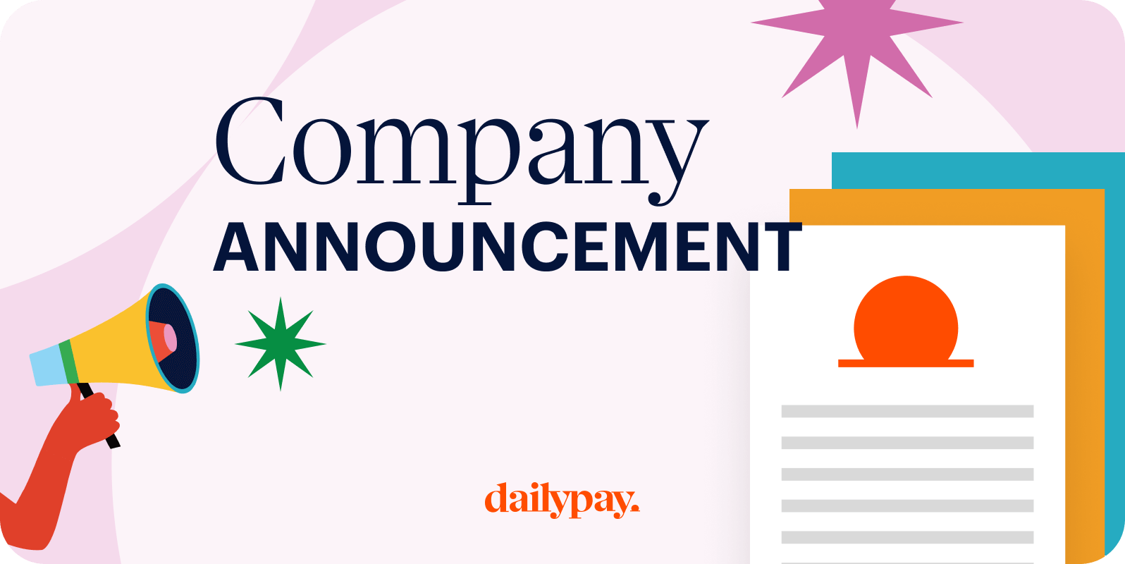 Illustration with a megaphone and documents highlighting a "Company Announcement" by DailyPay.