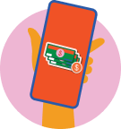 Illustration of a hand holding a smartphone with an image of paper money and coins displayed on the screen, set against a pink circular background.
