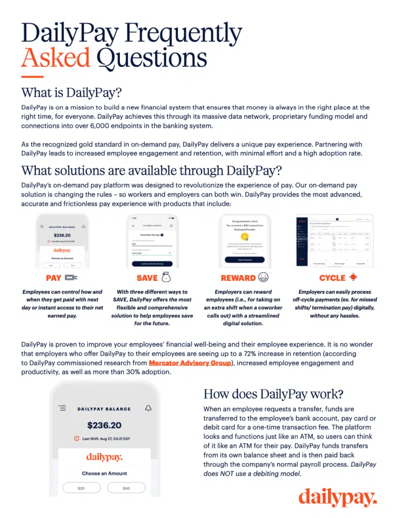 DailyPay FAQ page detailing the platform's services including Pay, Save, Reward, and Cycle, with corresponding descriptions and graphics. The page features text in bold and red header with DailyPay's logo.