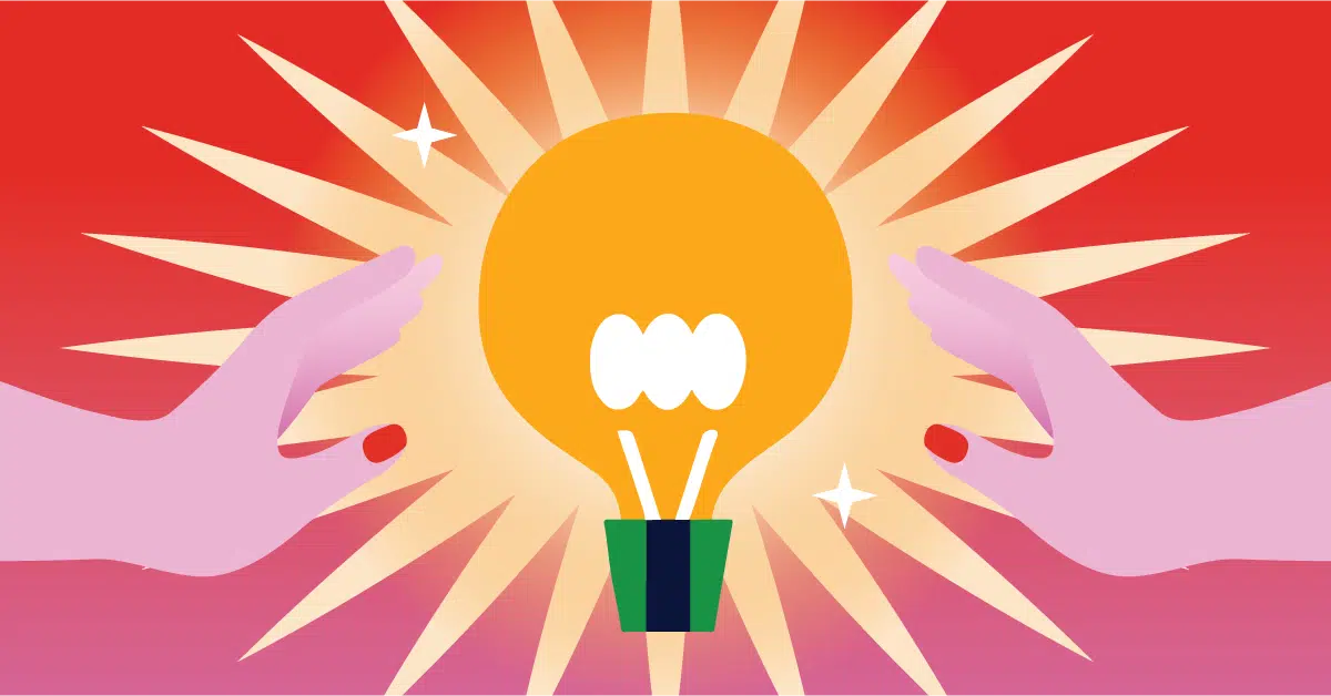 Illustration of two hands surrounding a glowing light bulb, set against a vibrant red background with star-like highlights.