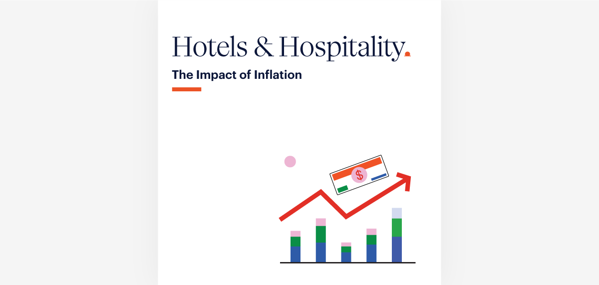 A minimalist graphic titled "Hotels & Hospitality: The Impact of Inflation." Below the title is a bar chart with bars in green, blue, and purple, showing an upward trend. An arrow points upward, overlaying the chart with a dollar bill at the tip, symbolizing economic growth or inflation impact.