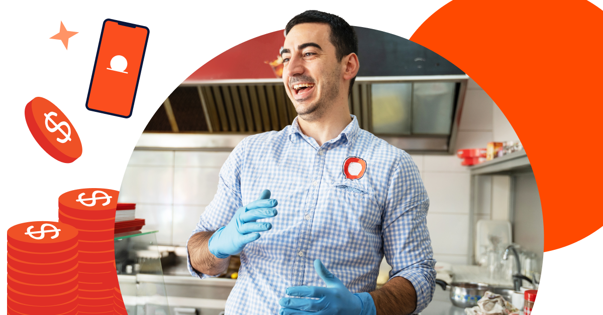 Man wearing blue gloves and a checkered shirt smiles in a commercial kitchen, with graphic dollar signs, coins, and a smartphone illustration surrounding him.