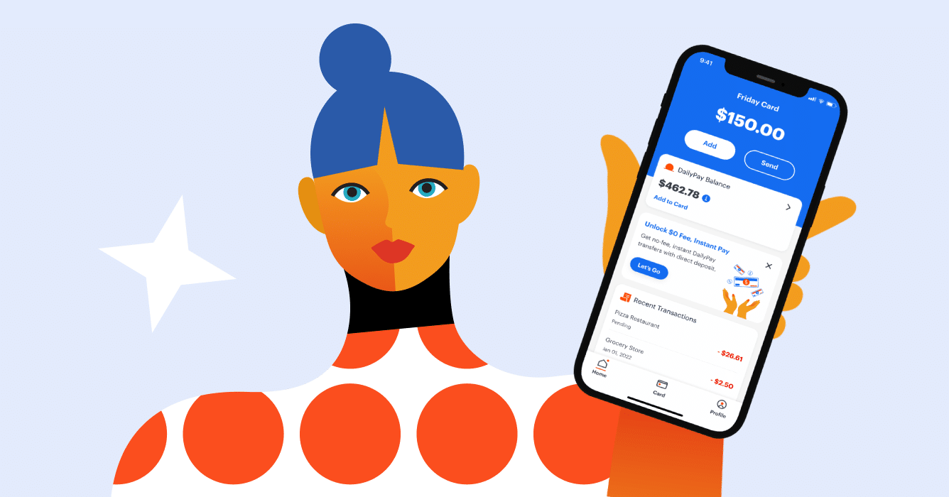 Illustration of a person with blue hair, orange skin, and wearing a red polka dot shirt, holding up a smartphone displaying a digital wallet app with a balance of $150.00. The app screen shows options to add or send money and includes recent transaction details and a cash card feature.