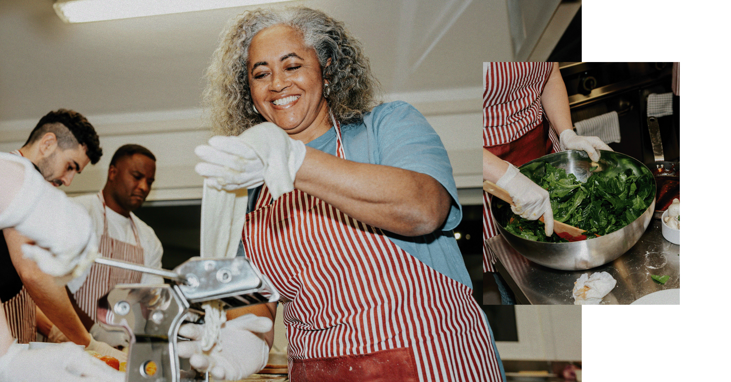 A woman in a red-striped apron smiles while preparing food with others; a close-up shows hands mixing leafy greens in a large bowl.