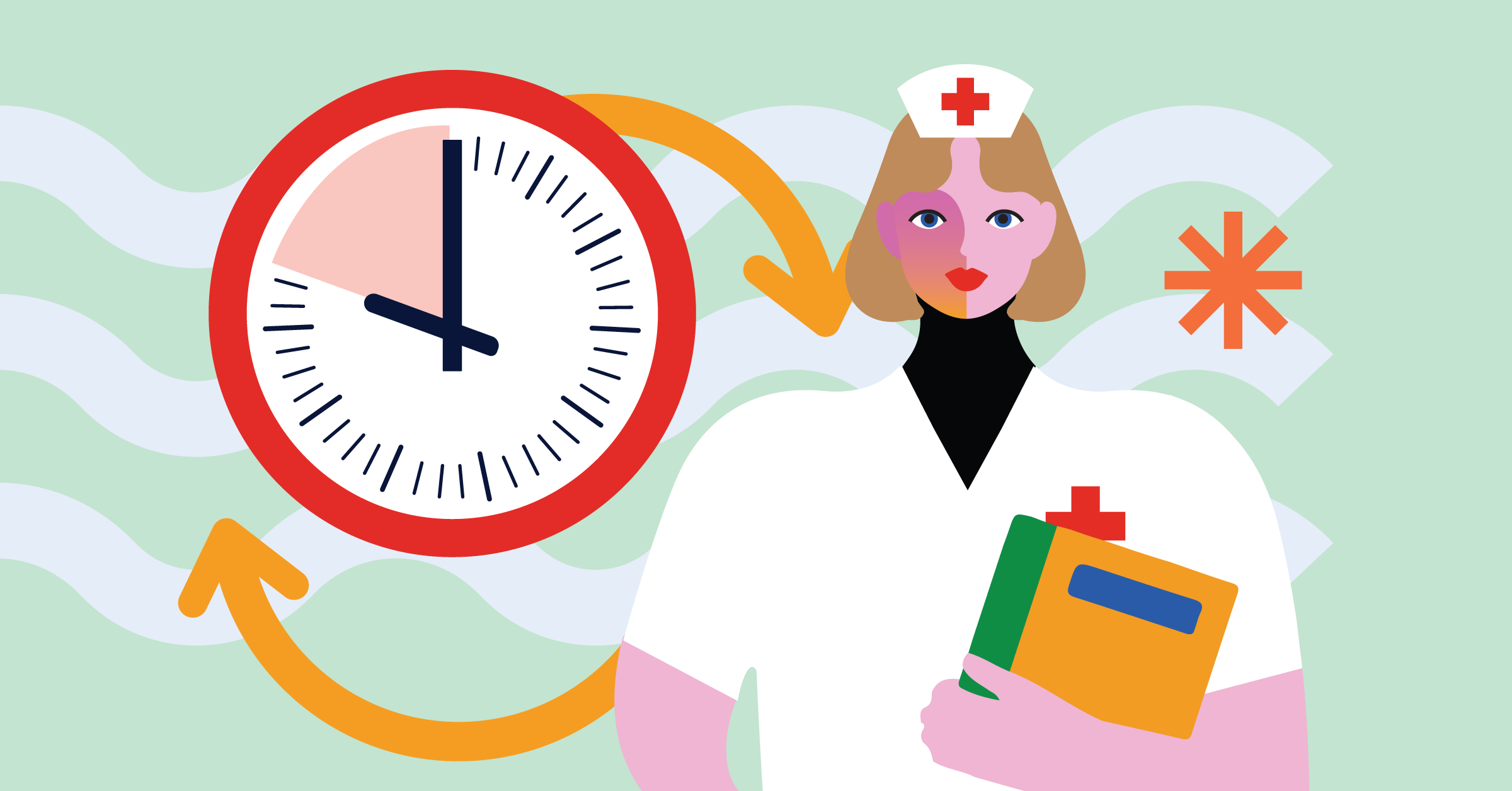 Illustration of a nurse holding a book, standing next to a large clock with arrows indicating the passage of time.