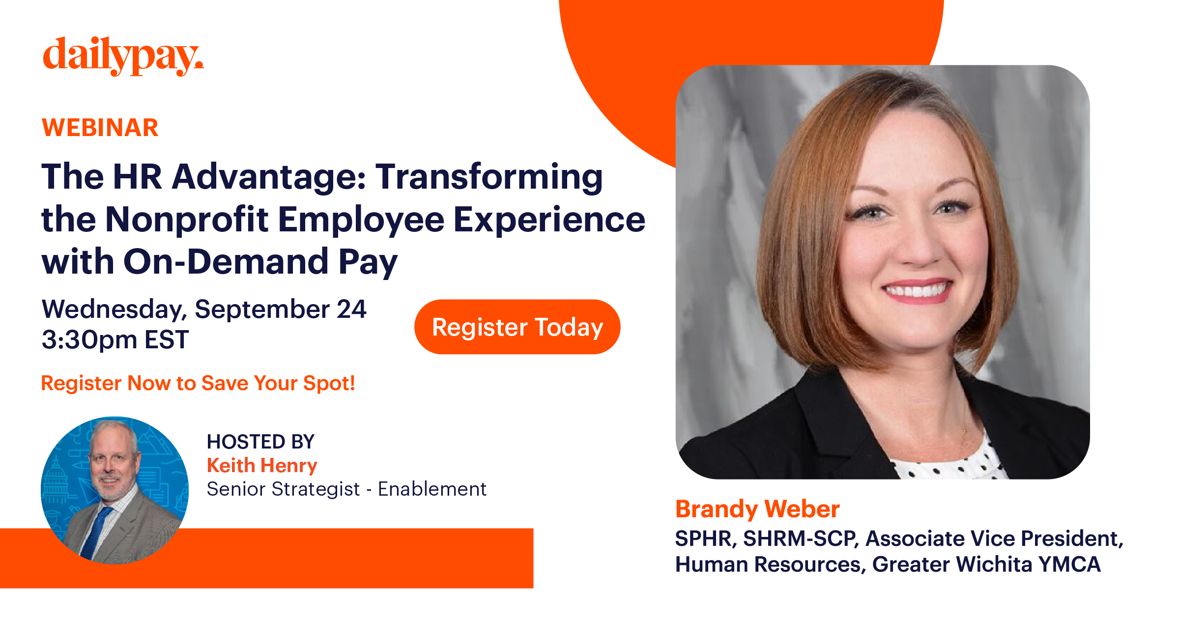 Webinar promotional graphic featuring Brandy Weber and host Keith Henry, discussing On-Demand Pay for nonprofit employees, scheduled for Wednesday, September 24, 3:30pm EST.