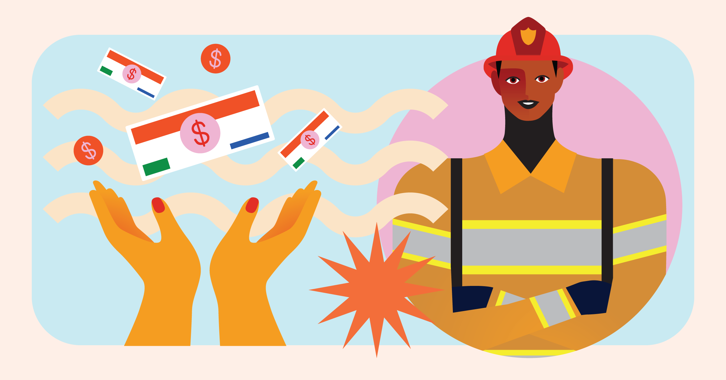 Illustration of a firefighter with folded arms and a helmet, standing next to disembodied hands tossing banknotes and coins. The background is blue on the figure's side and light pink on the hands' side. There is a red starburst shape below the hands.