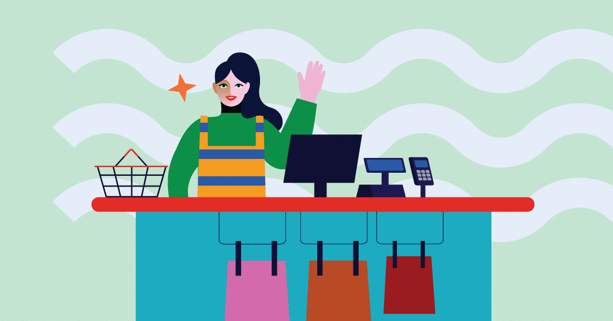 Illustration of a smiling cashier with long dark hair waving behind a checkout counter. The counter displays a computer monitor, a cash register, and colorful shopping bags hanging below. A shopping basket with items in it is to the left. The background features curvy lines.