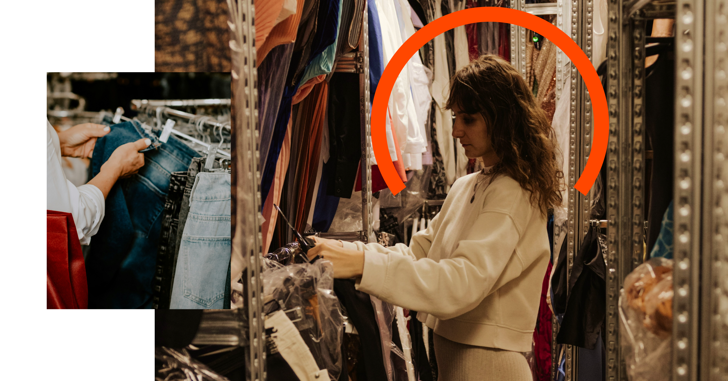 A woman browses clothing racks in a store; inset shows hands selecting jeans from a rack.