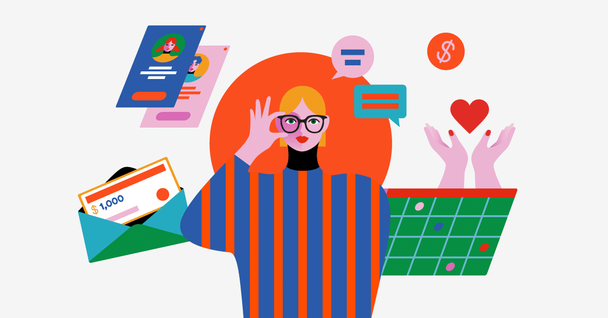Illustration of a person with blonde hair, wearing glasses and a striped sweater, standing in front of various icons. Surrounding them are images of a phone with a profile, a chat bubble, a dollar symbol, hands holding a heart, an envelope with $1,000 inside, and a calendar.