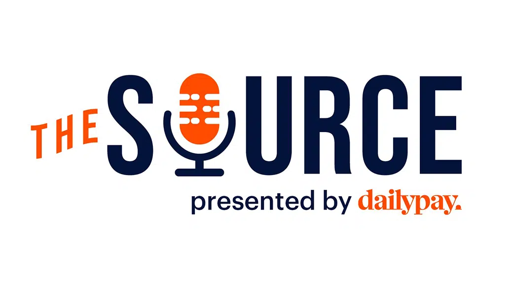 Logo of "The Source presented by dailypay" with a microphone icon replacing the "O" in "Source". Text is in dark blue and orange.