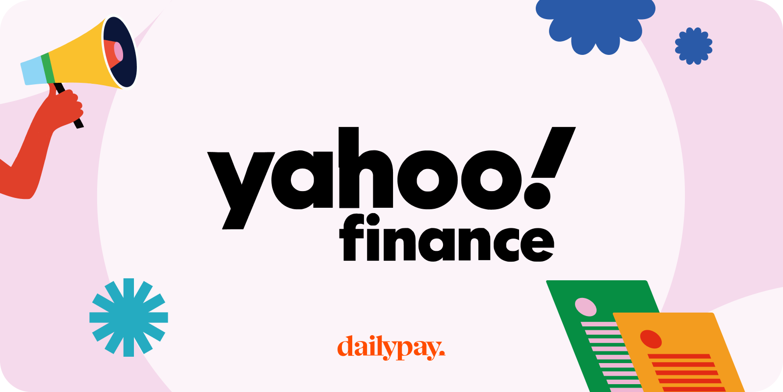 Image showing the Yahoo Finance logo at the center with colorful icons surrounding it, and "dailypay" logo at the bottom.