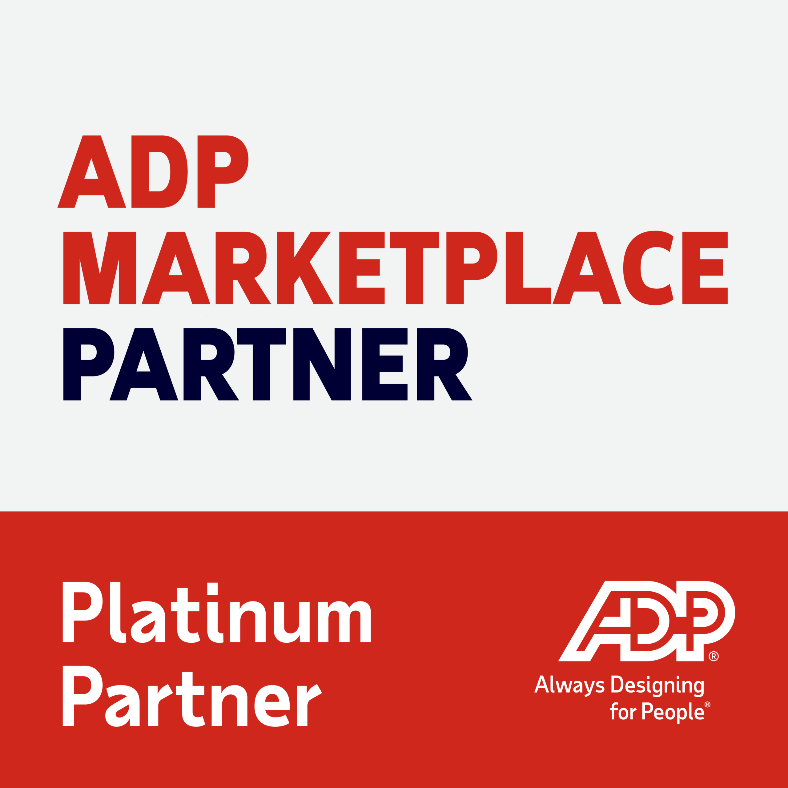 ADP Marketplace Partner Platinum Partner badge with ADP logo and the tagline "Always Designing for People" on a red and white background.