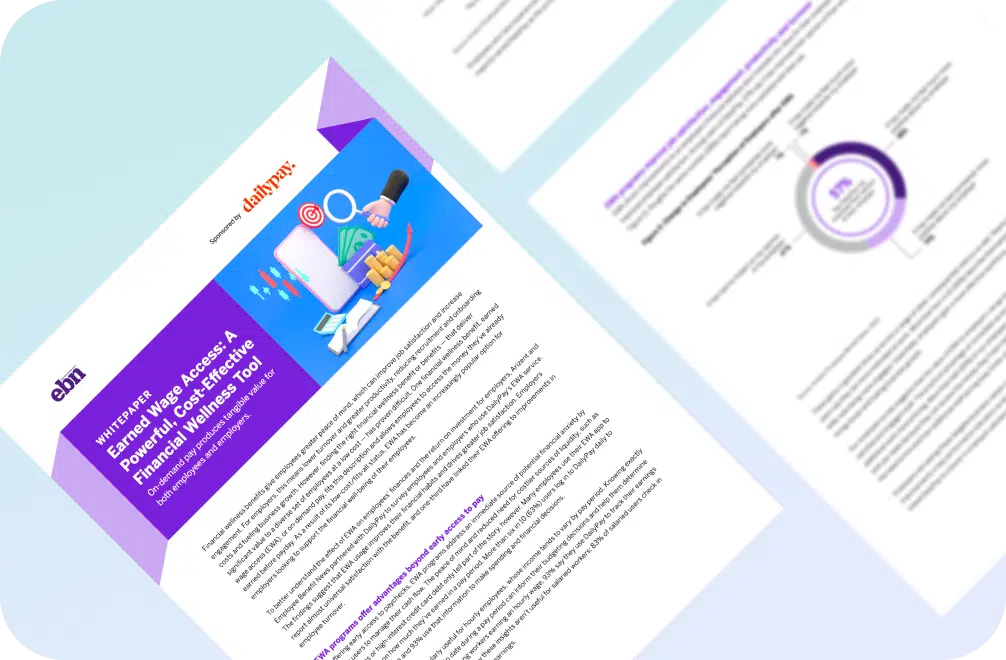 Image of a document titled "Unlimited Web Access: A Powerful, Affordable Financial Wellness Tool" featuring text, graphics, and logos from ebn and dailyPay. Another document is partially visible.