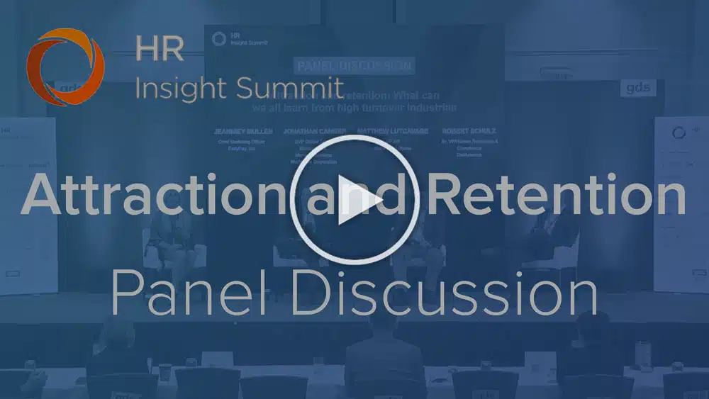 HR Insight Summit panel discussion titled "Attraction and Retention" with speakers seated on stage. A play button is in the center, indicating a video.