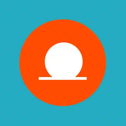 A white circle with a horizontal line underneath it is centered on an orange background, which itself is centered on a blue background.