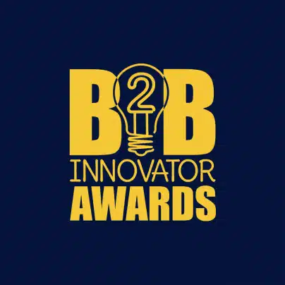B2B Innovator Awards logo in yellow text with a light bulb design on a dark blue background.
