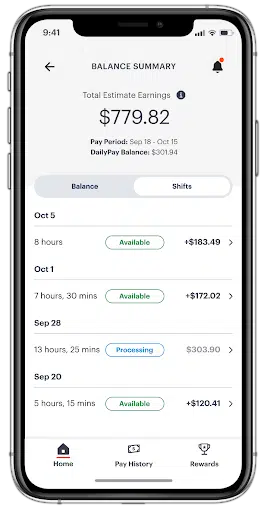 A smartphone screen displays a balance summary with total estimated earnings of $779.82. It shows earnings and status for various dates in October and September, with options for balance and shifts.