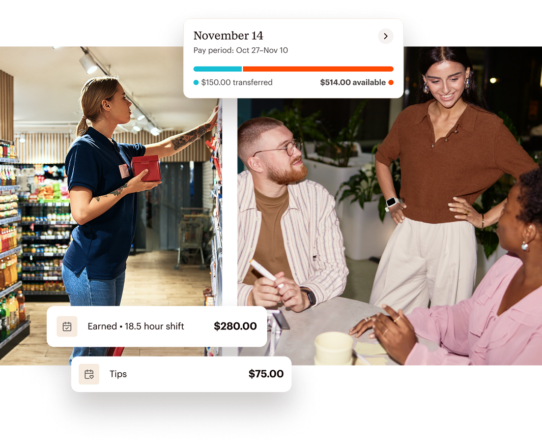 A split-screen graphic showing a retail worker stocking shelves and a group of coworkers at a table, overlaid with an earnings summary for the November 14 pay period.
