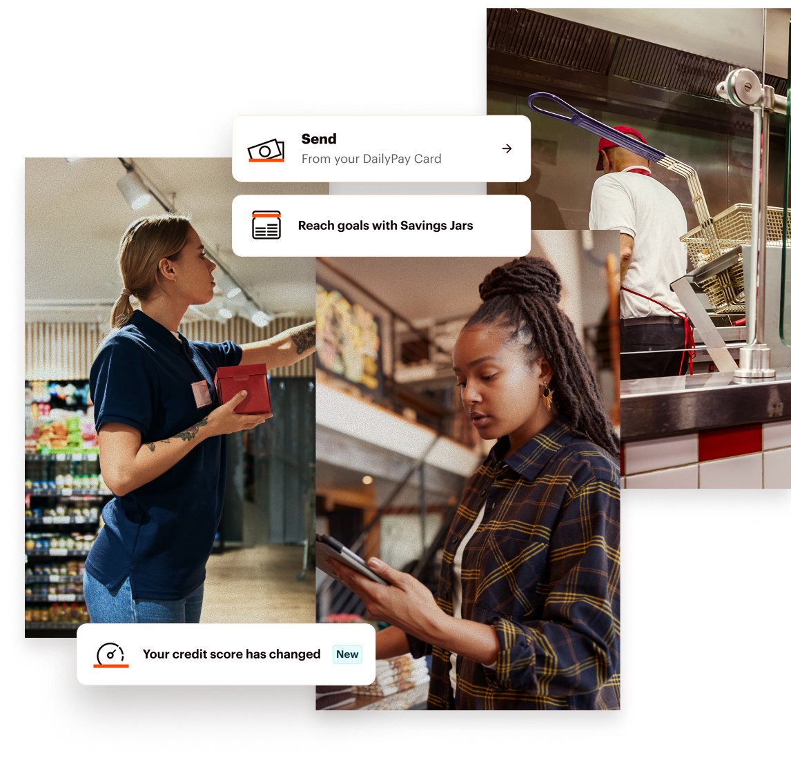 A collage showing people working in a retail store and restaurant, overlaid with app notifications for sending money, managing savings, and tracking credit scores.