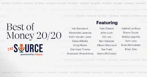 Image showing the "Best of Money 20/20" event banner featuring a list of names, with "The Source" logo and "sponsored by daily pay" text.