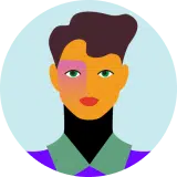 Illustration of a person with stylized facial features and bright colors, including orange skin, green eyes, and a mix of brown and purple hair. The background is a light blue circle.