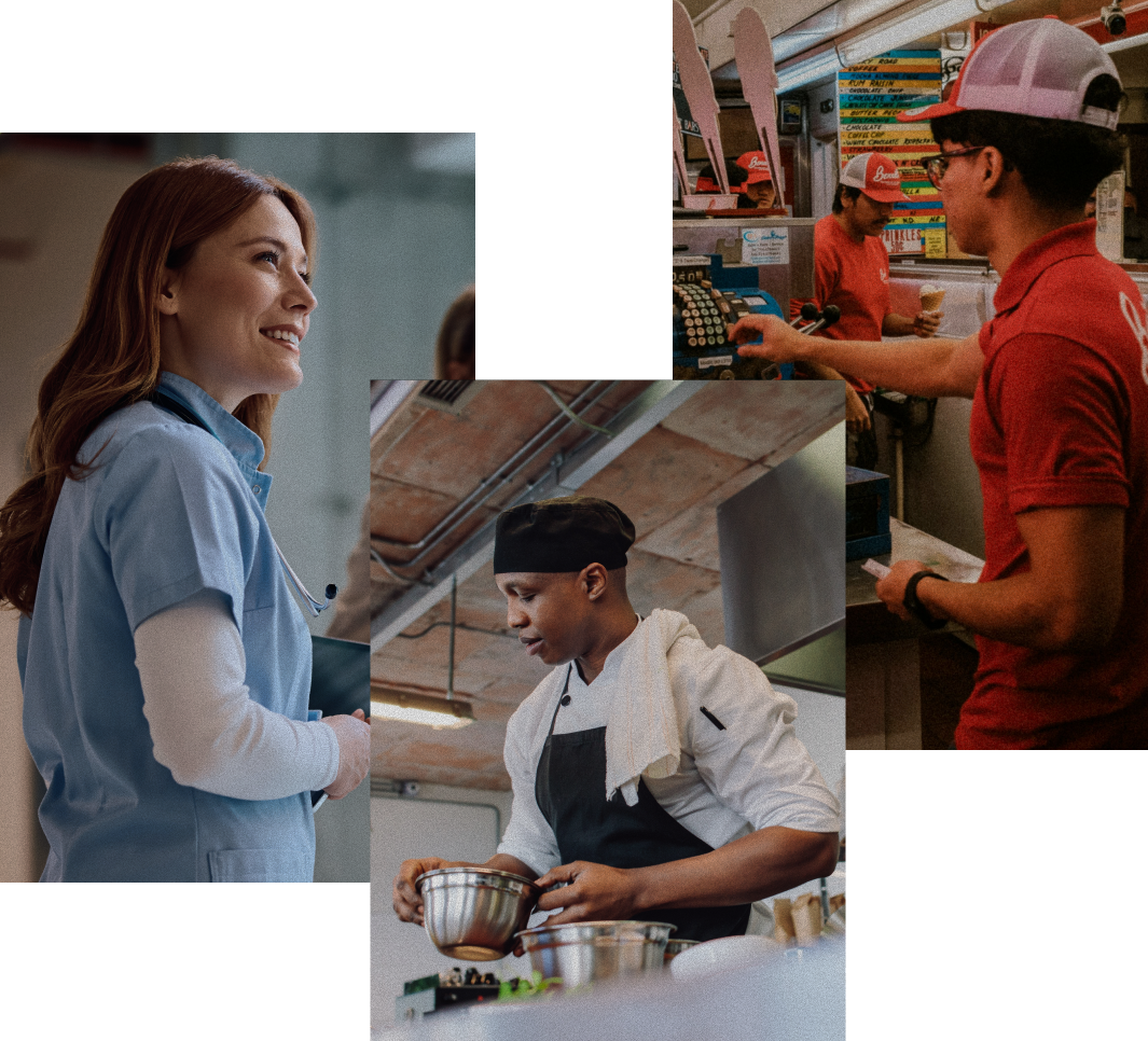 Three people at work: a woman in scrubs smiling, a man in a kitchen mixing ingredients, and a cashier assisting a customer at a store counter.