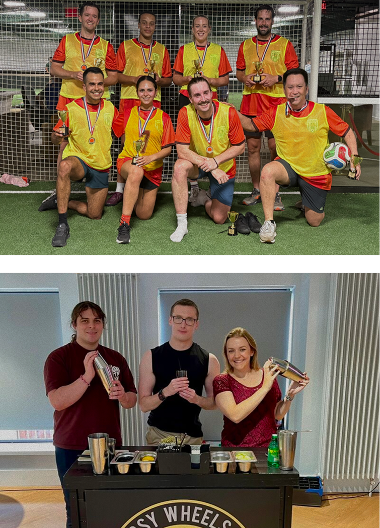 Top: Soccer team poses in uniforms with medals and a trophy on an indoor field. Bottom: Three people stand behind a bar, holding cocktail shakers and a trophy.