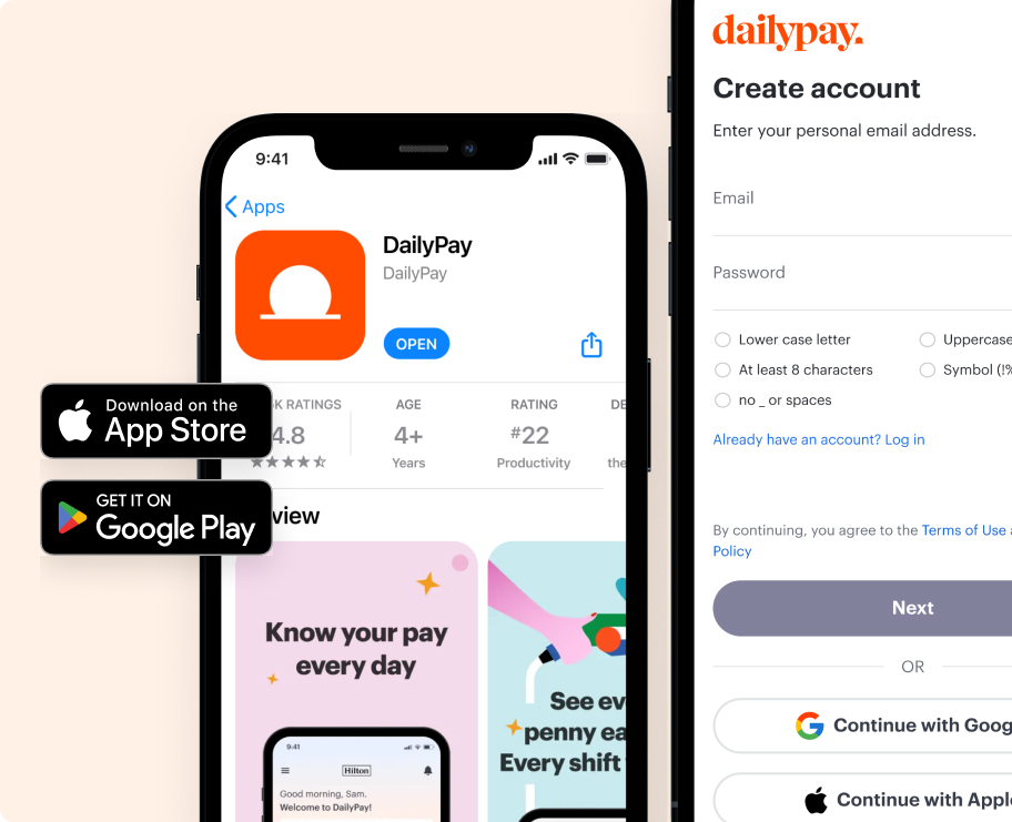 A phone displays the DailyPay app on the App Store, while another screen shows the DailyPay account creation page with login and sign-up options.