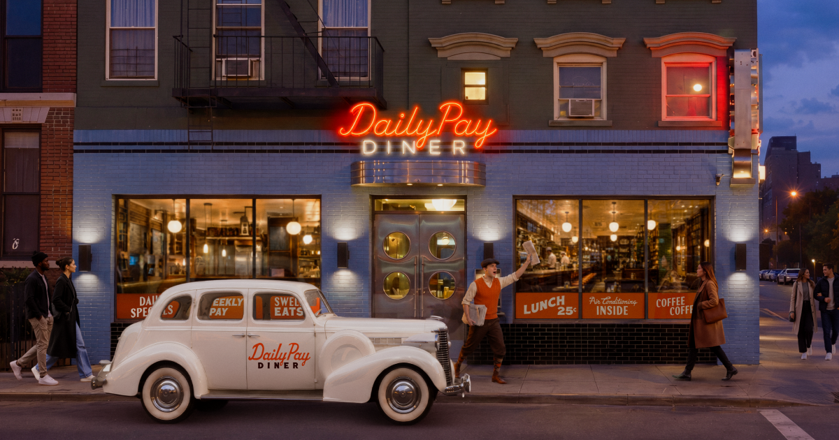 A vintage white car parked outside a neon-lit diner called "Daily Pay Diner" at dusk, with people walking and one person waving at another near the entrance.