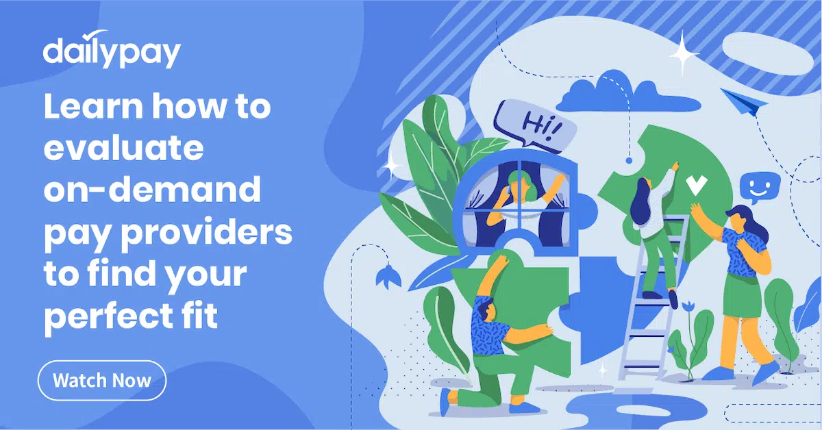 Illustration of four people with elements of technology, plants, and directions, accompanied by the text "Learn how to evaluate On-Demand Pay providers to find your perfect fit." Text includes "Watch Now.
