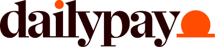 DailyPay logo featuring the word "dailypay" in bold, dark brown lowercase letters with an orange dot over the 'i' and an orange semi-circle at the end.