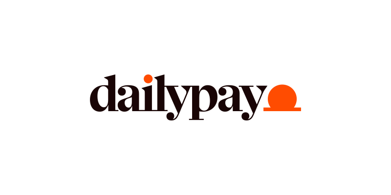 The DailyPay logo features the word "dailypay" in lowercase black letters with an orange dot over the "i" and an orange semicircle symbol at the end.