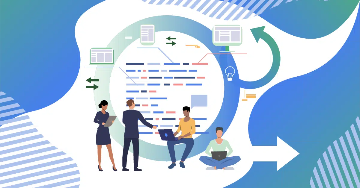 Illustration of four people collaborating on technology-related tasks. Two stand near a computer code diagram, one sits cross-legged with a laptop, and another uses a laptop at a desk discussing on demand pay solutions.
