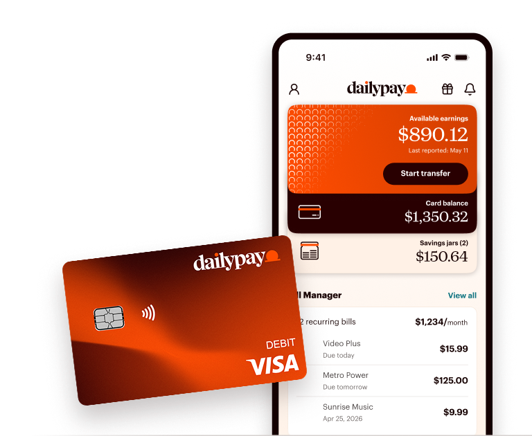 A Dailypay Visa debit card next to a smartphone showing the Dailypay mobile app account summary.