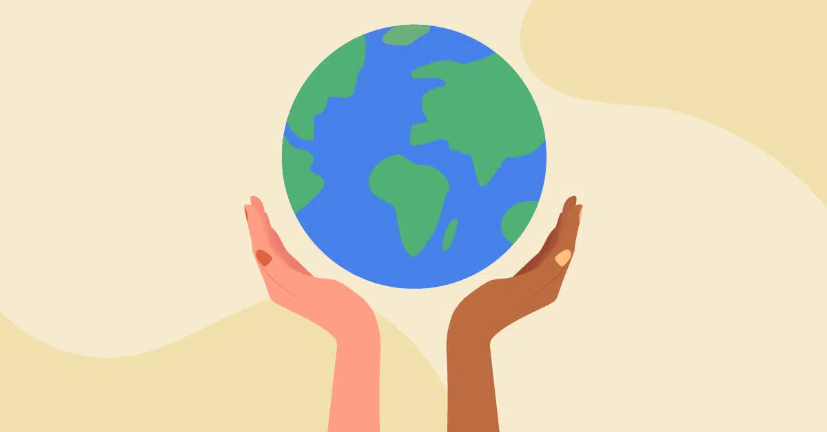 Illustration of two hands holding up a globe. The left hand has a light skin tone and the right hand has a dark skin tone, symbolizing unity akin to choosing between paper check vs direct deposit. The background is a soft beige color with abstract, wavy shapes, and the globe shows simplified outlines of continents in green and oceans in blue.