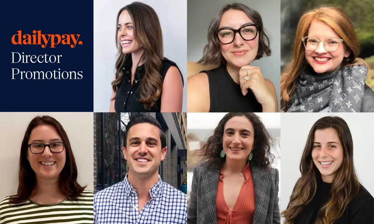 A collage of seven individuals smiling. "dailypay. Director Promotions" text is on the left side of the image.