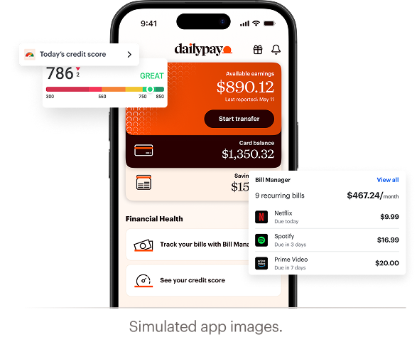 A smartphone screen displays a financial app showing earnings, balance, bill payments, a credit score of 786, and monthly subscription costs. Overlay text reads, "Simulated app images.