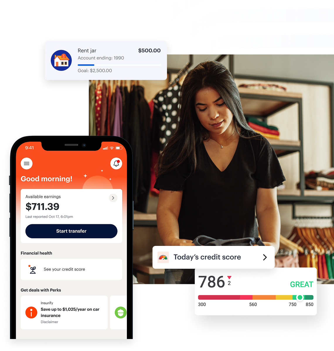 A woman stands in a clothing store. Overlaid are mockups of a mobile financial app, a credit score of 786, and a savings goal progress bar.