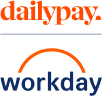 Logos of DailyPay and Workday, with DailyPay in orange text above a grey line, and Workday in blue text with an orange arc below the line.