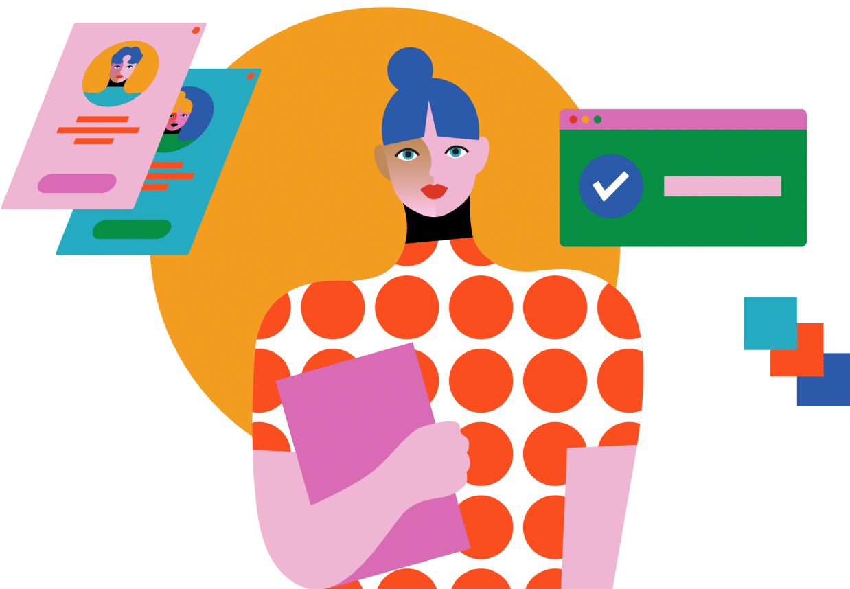 Illustration of a person with blue hair wearing a white shirt with red polka dots, holding a pink folder. Behind them are digital images representing profiles, one with a checkmark. The background features an orange circle and colorful geometric shapes to the right.