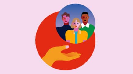 Illustration of an outstretched hand with a circular image above it displaying three diverse individuals against a red background and light pink backdrop.