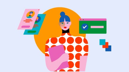 Illustration of a person with blue hair holding a pink book, surrounded by floating digital interfaces and icons against a light blue background.