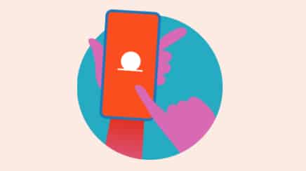 Illustration showing two hands holding a smartphone with an orange screen displaying a white icon in the center.