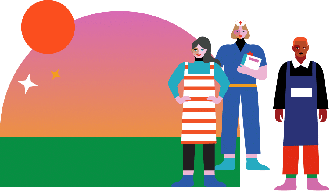 Illustration of three individuals: a person in a striped apron, a person in a nurse uniform, and a person in a blue apron, standing in front of an abstract sunset background.