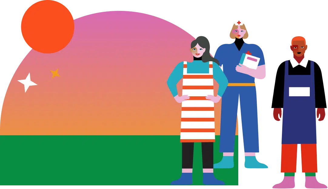 Illustration of three individuals: a person in a striped apron, a person in a nurse uniform, and a person in a blue apron, standing in front of an abstract sunset background.